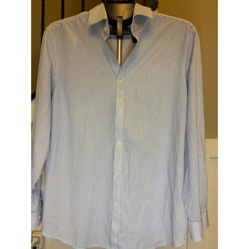 Michael Kors Mens Slim Fit Knit Stripe Dress Shirt Blue White 16 32/33